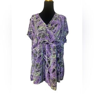 VTG Dressbarn Sz 18/20 Purple Green Abstract V Neck Top Blouse Artsy Whimsigoth
